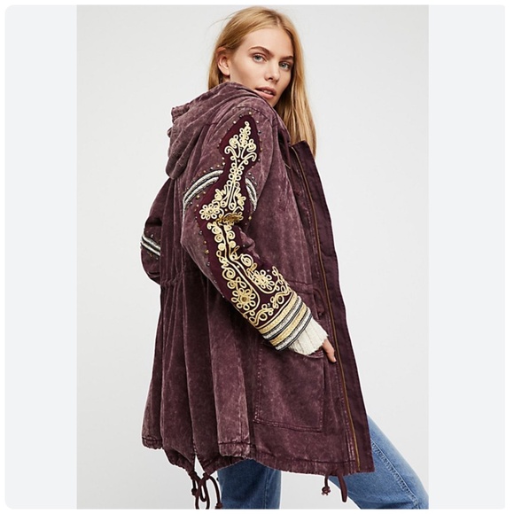 Free People Golden Quills Embroidered Military Parka Jacket Boho Hooded Coat - Picture 1 of 16
